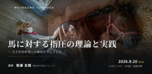 厩舎で横たわる馬に指圧を施す様子